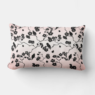 Black on Pink Pattern Birds and Cherry Blossoms Lumbar Pillow