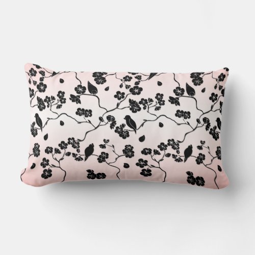 Black on Pink Pattern Birds and Cherry Blossoms  Lumbar Pillow