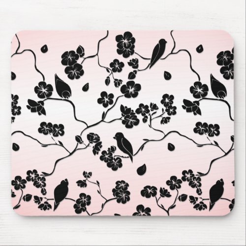 Black on Pink Pattern Birds and Cherry Blossoms  Mouse Pad