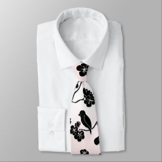Black on Pink Pattern Birds and Cherry Blossoms Neck Tie