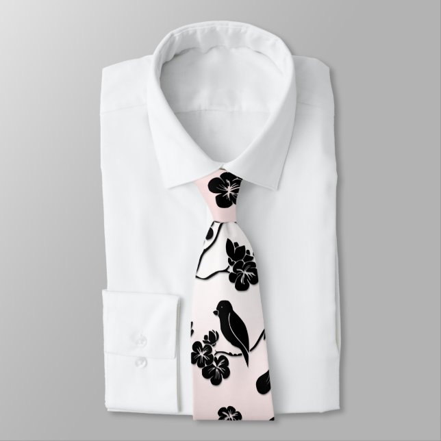 Black on Pink Pattern Birds and Cherry Blossoms Neck Tie (Tied)