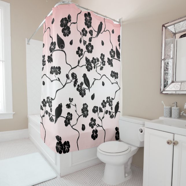 Black on Pink Pattern Birds and Cherry Blossoms  Shower Curtain (In Situ)