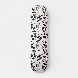 Black on Pink Pattern Birds and Cherry Blossoms  Skateboard