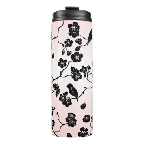 Black on Pink Pattern Birds and Cherry Blossoms  Thermal Tumbler