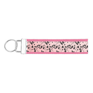 Black on Pink Pattern Birds and Cherry Blossoms Wrist Keychain