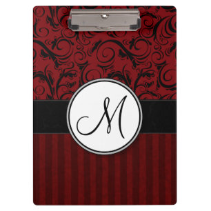 Black on Red Floral Wisps & Stripes with Monogram Clipboard