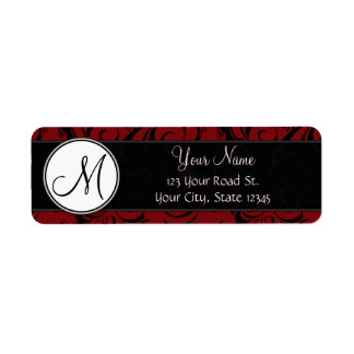 Black on Red Floral Wisps & Stripes with Monogram Label
