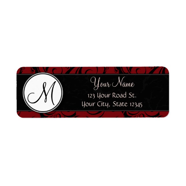 Black on Red Floral Wisps & Stripes with Monogram Label (Front)