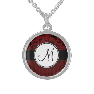 Black on Red Floral Wisps & Stripes with Monogram Sterling Silver Necklace
