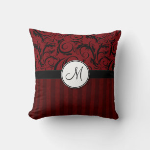 Black on Red Floral Wisps & Stripes with Monogram Throw Pillow