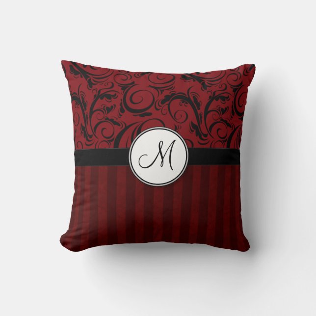 Black on Red Floral Wisps & Stripes with Monogram Throw Pillow (Front)