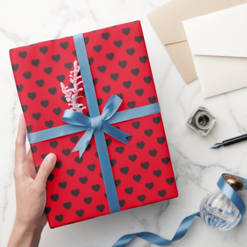 Black on Red Tiny Hearts Patterned Wrapping Paper