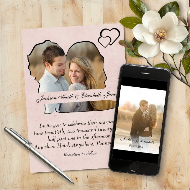 Black on Rose Bride and Groom Shape Photo Wedding Invitation (Creator Uploaded)