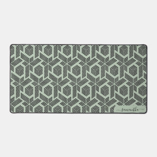 Black on sage green dots geometric pattern desk mat