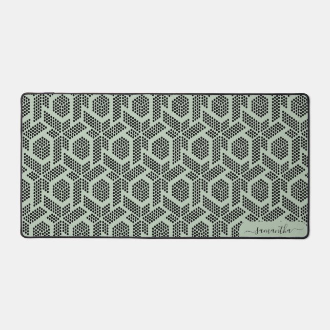 Black on sage green dots geometric pattern desk mat (Front)