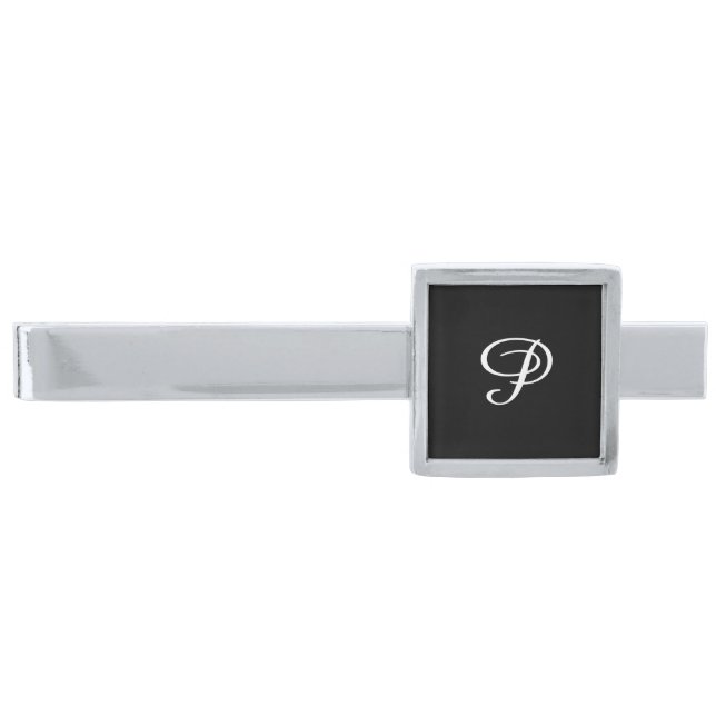 Black on Silver Design- Monnogram P Silver Finish Tie Clip (Front)