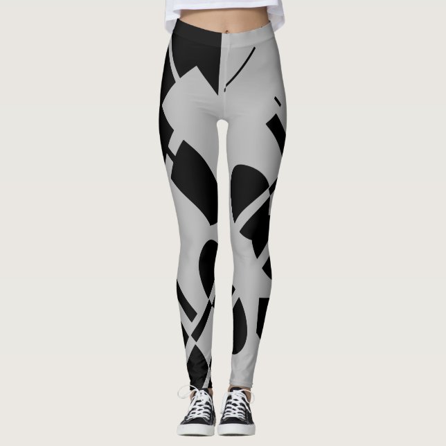 Black on Silver Gray Large Geometric Shapes Leggings (Front)