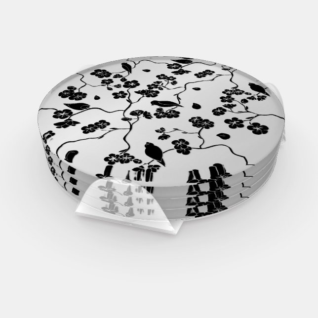 Black on Silver Pattern Birds and Cherry Blossoms Coaster Set (Set)