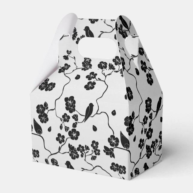 Black on Silver Pattern Birds and Cherry Blossoms Favor Boxes (Front Side)