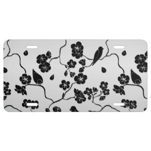Black on Silver Pattern Birds and Cherry Blossoms License Plate