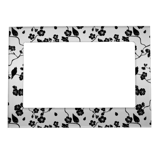 Black on Silver Pattern Birds and Cherry Blossoms Magnetic Frame (Front)