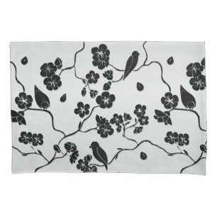 Black on Silver Pattern Birds and Cherry Blossoms Pillow Case