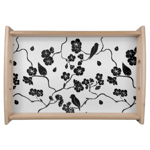 Black on Silver Pattern Birds and Cherry Blossoms Serving Tray