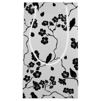 Black on Silver Pattern Birds and Cherry Blossoms Small Gift Bag