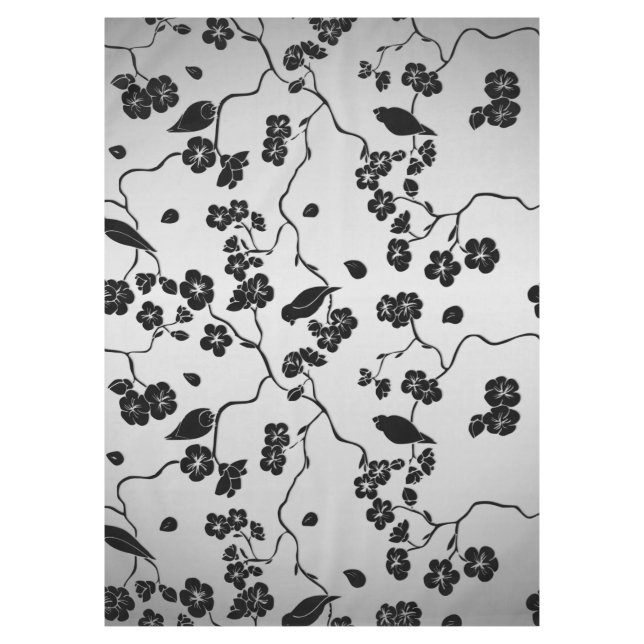 Black on Silver Pattern Birds and Cherry Blossoms Tablecloth (Front)