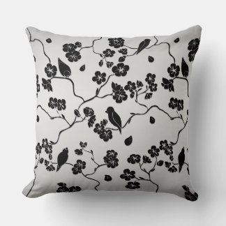 Black on Silver Pattern Birds and Cherry Blossoms Throw Pillow