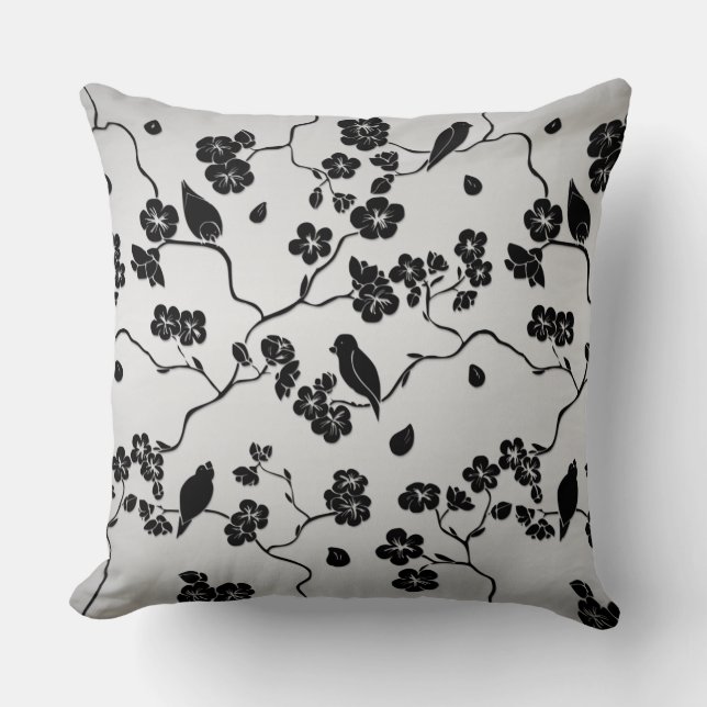 Black on Silver Pattern Birds and Cherry Blossoms Throw Pillow (Front)
