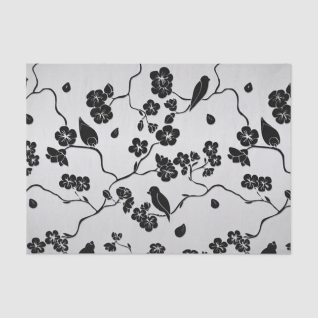 Black on Silver Pattern Birds and Cherry Blossoms  Tissue Paper (Front)