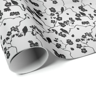 Black on Silver Pattern Birds and Cherry Blossoms Wrapping Paper