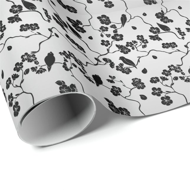 Black on Silver Pattern Birds and Cherry Blossoms Wrapping Paper (Roll Corner)