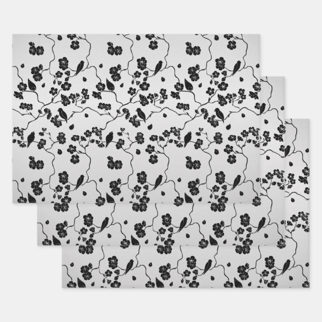 Black on Silver Pattern Birds and Cherry Blossoms Wrapping Paper Sheets (Set)