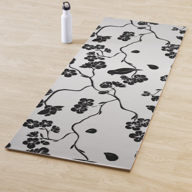 Black on Silver Pattern Birds and Cherry Blossoms  Yoga Mat (In Situ)