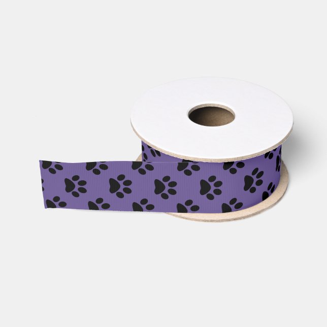 Black on Ultra Violet Cat/Dog/Animal Paw Print Grosgrain Ribbon (Spool)
