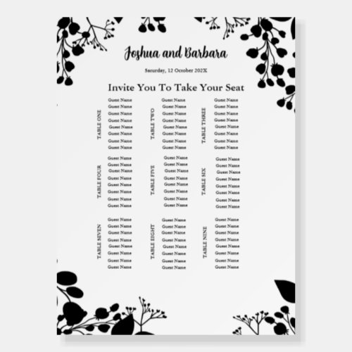 Black on White 9 Table Seating Chart Foam Boards