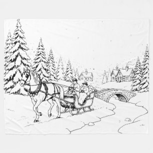 Black on White, Christmas Horse Drawn Sleigh Scene Fleece Blanket