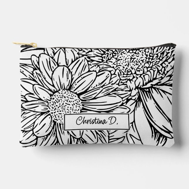Black on White Chrysanthemums with Name Accessory Pouch (Front)
