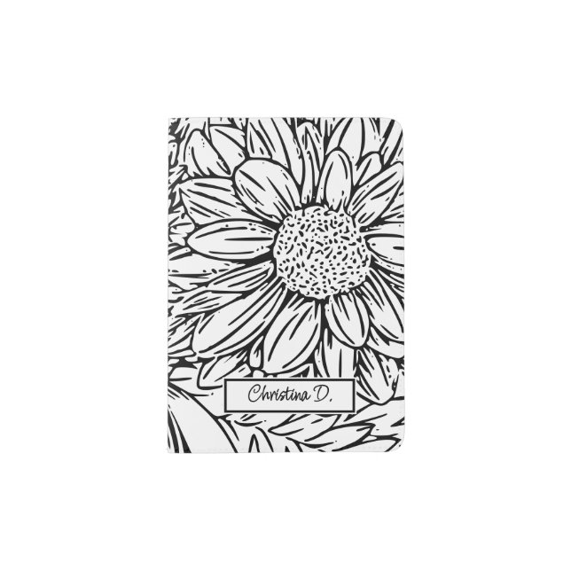  Black on White Chrysanthemums with Name Passport Holder (Front)