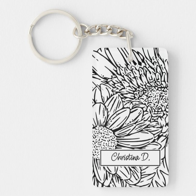 Black on White Chrysanthemums with Photo Keychain (Front)