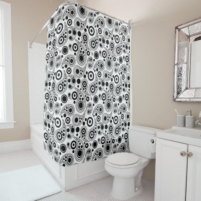 Black on White circle  dots paisley style pattern Shower Curtain (In Situ)