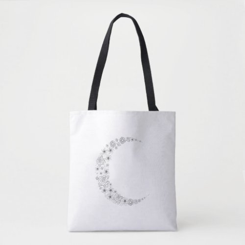 Black on White Crescent Floral Moon  Tote Bag