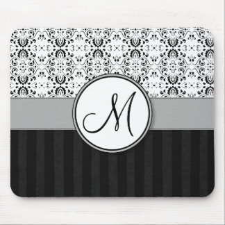 Black on White Damask and Stripes with Monogram Mouse Pad