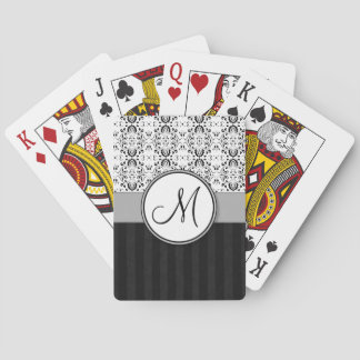 Black on White Damask and Stripes with Monogram Poker Cards