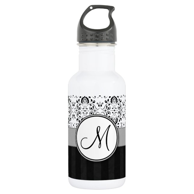 Black on White Damask and Stripes with Monogram Stainless Steel Water Bottle (Front)
