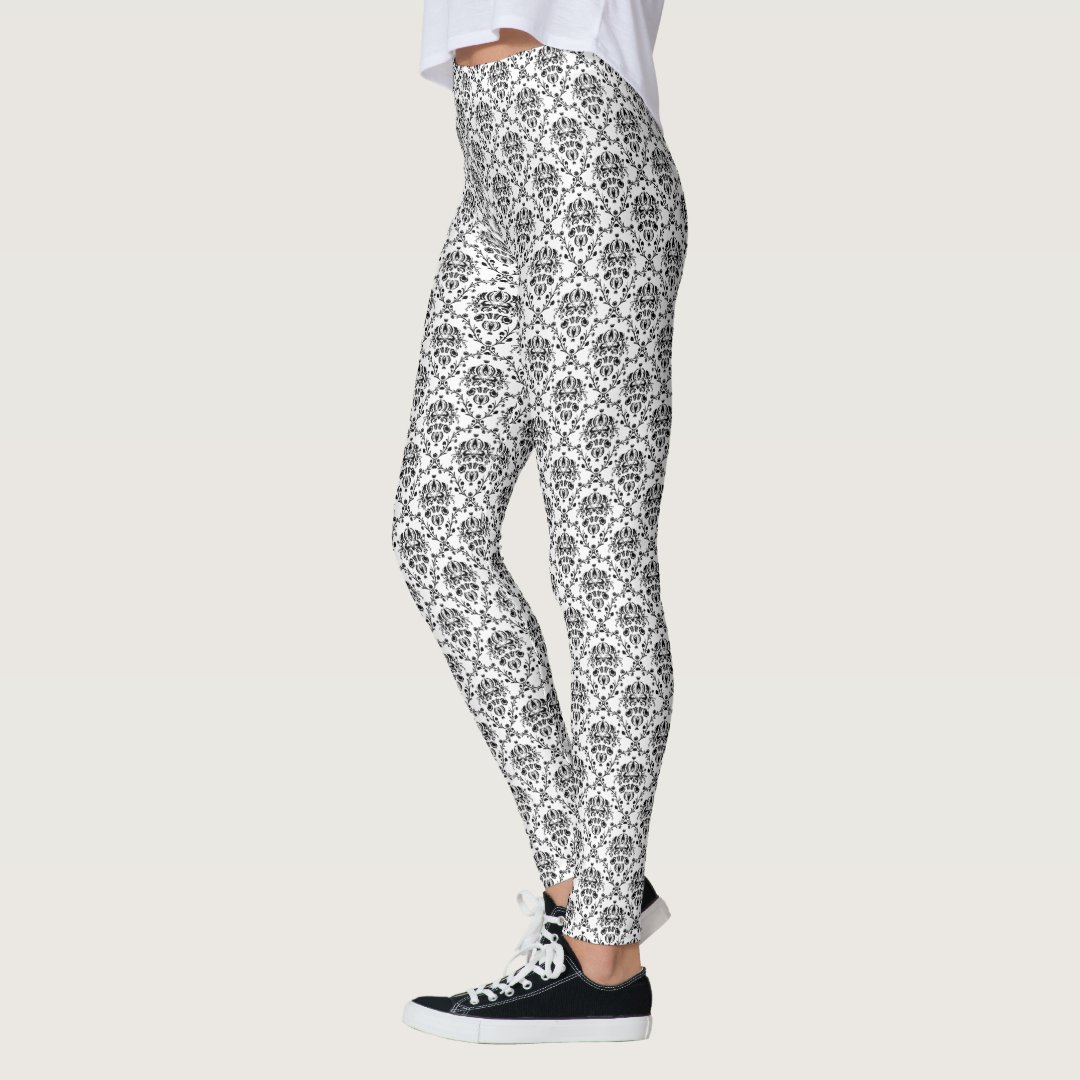 Black on White Damask Leggings Zazzle