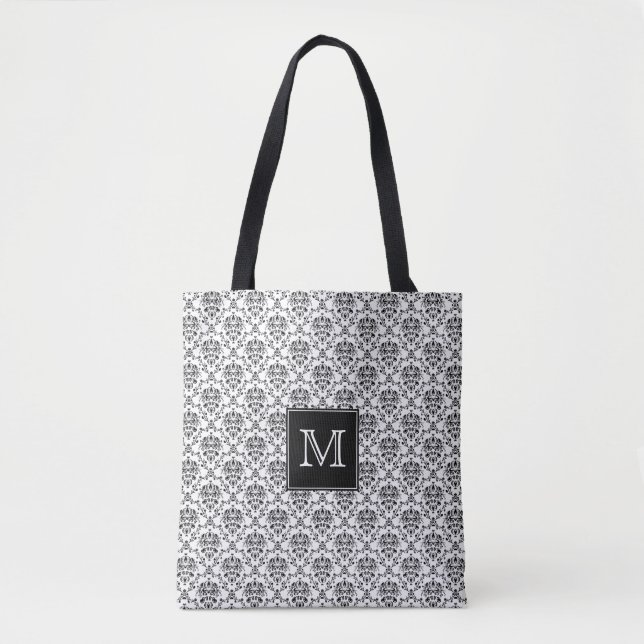Black on White Damask Monogrammed Tote Bag (Front)