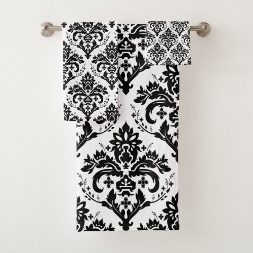 Black on White Damask Pattern Bath Towel Set